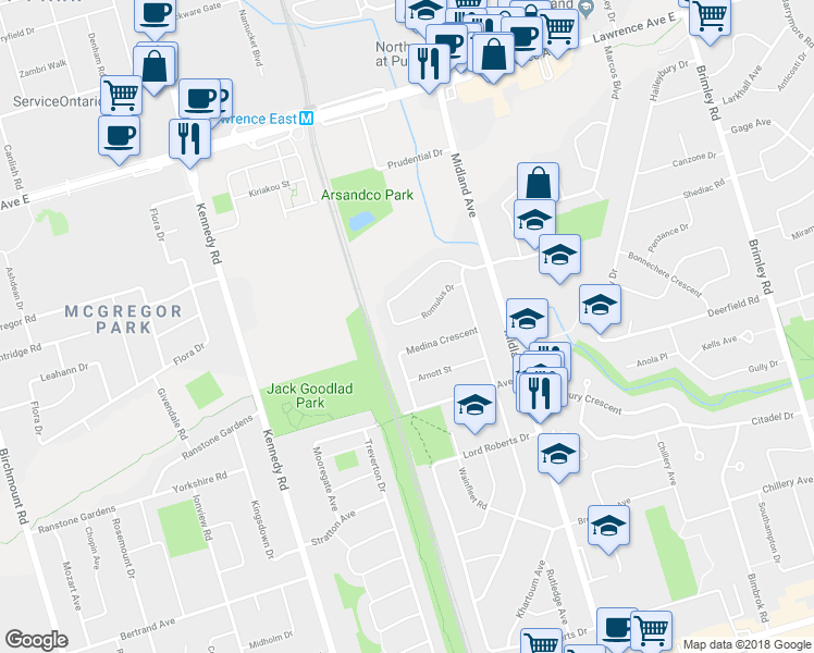 map of restaurants, bars, coffee shops, grocery stores, and more near 32 Romulus Drive in Toronto