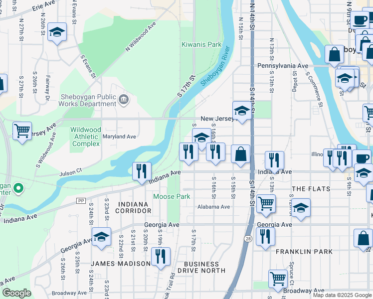map of restaurants, bars, coffee shops, grocery stores, and more near 1716 Illinois Ave in Sheboygan
