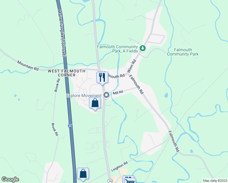 map of restaurants, bars, coffee shops, grocery stores, and more near 17 Mill Road in Falmouth