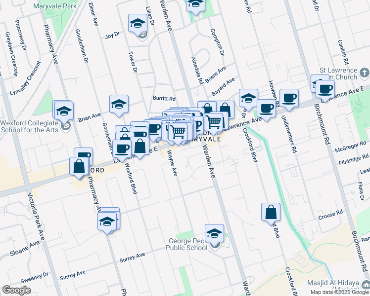 map of restaurants, bars, coffee shops, grocery stores, and more near in Toronto