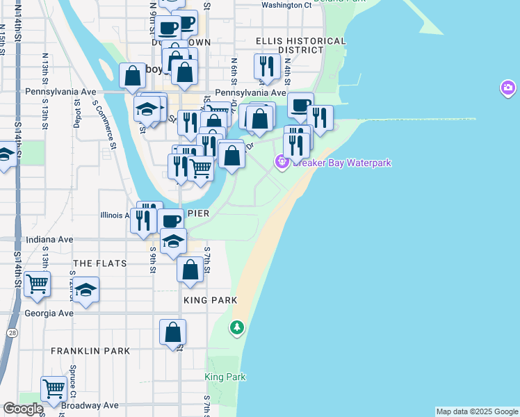 map of restaurants, bars, coffee shops, grocery stores, and more near 853 Beachfront Drive in Sheboygan