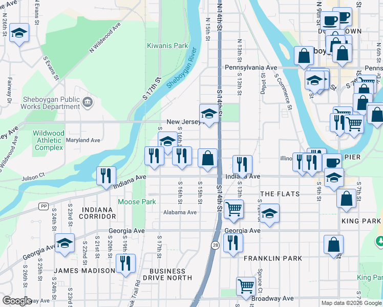 map of restaurants, bars, coffee shops, grocery stores, and more near 1534 Illinois Avenue in Sheboygan