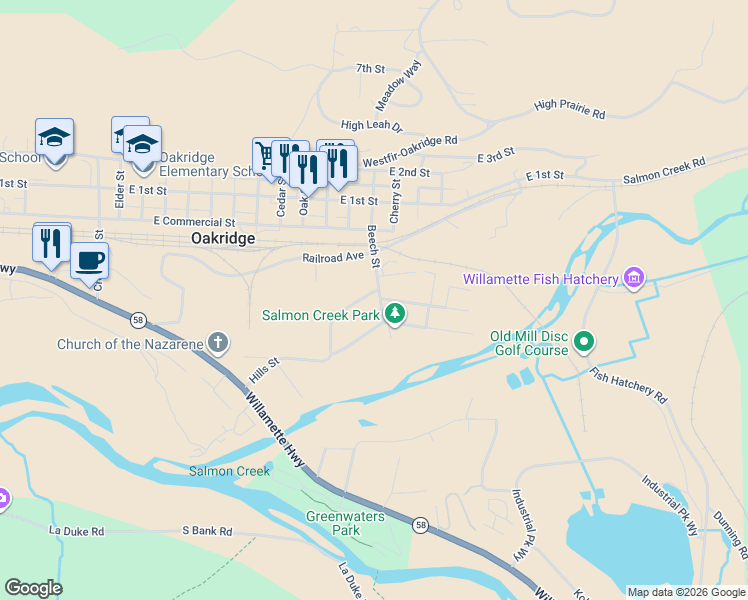 map of restaurants, bars, coffee shops, grocery stores, and more near 76232 Beech Street in Oakridge