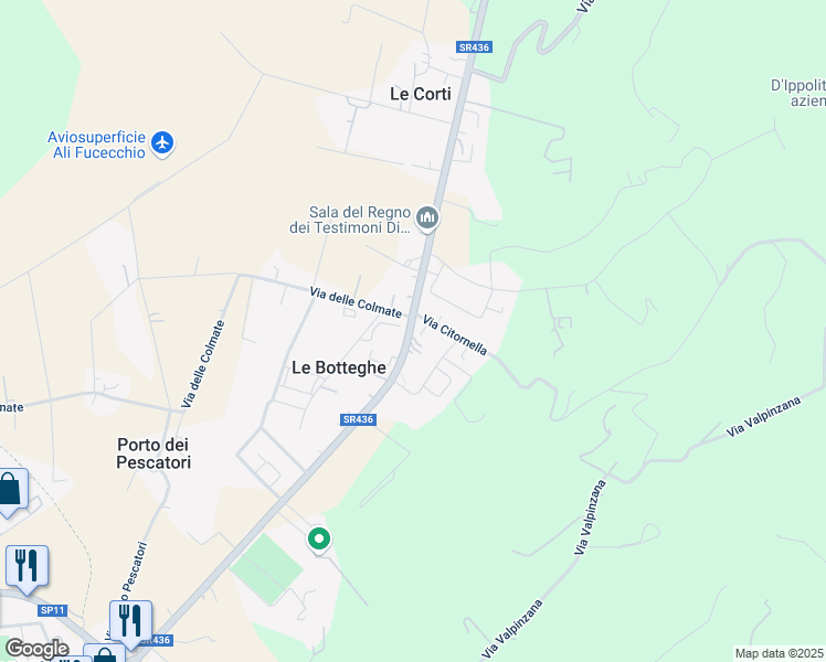 map of restaurants, bars, coffee shops, grocery stores, and more near 46 Via Pistoiese in Le Botteghe