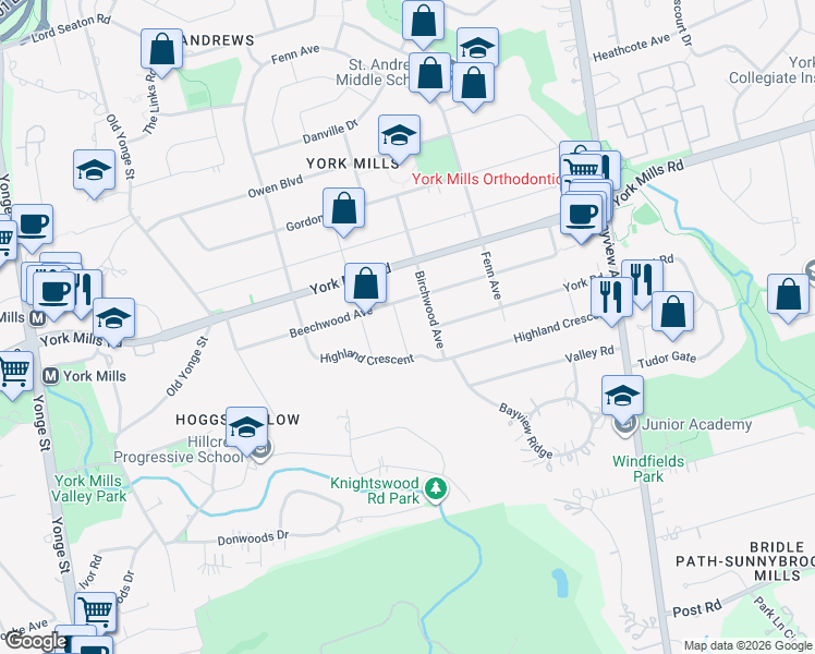 map of restaurants, bars, coffee shops, grocery stores, and more near 11 Doon Road in Toronto