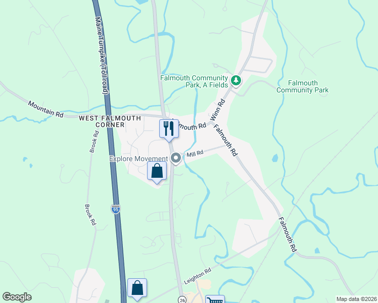map of restaurants, bars, coffee shops, grocery stores, and more near 17 Mill Road in Falmouth