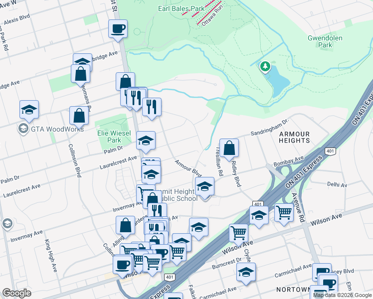 map of restaurants, bars, coffee shops, grocery stores, and more near 248 Sandringham Drive in Toronto