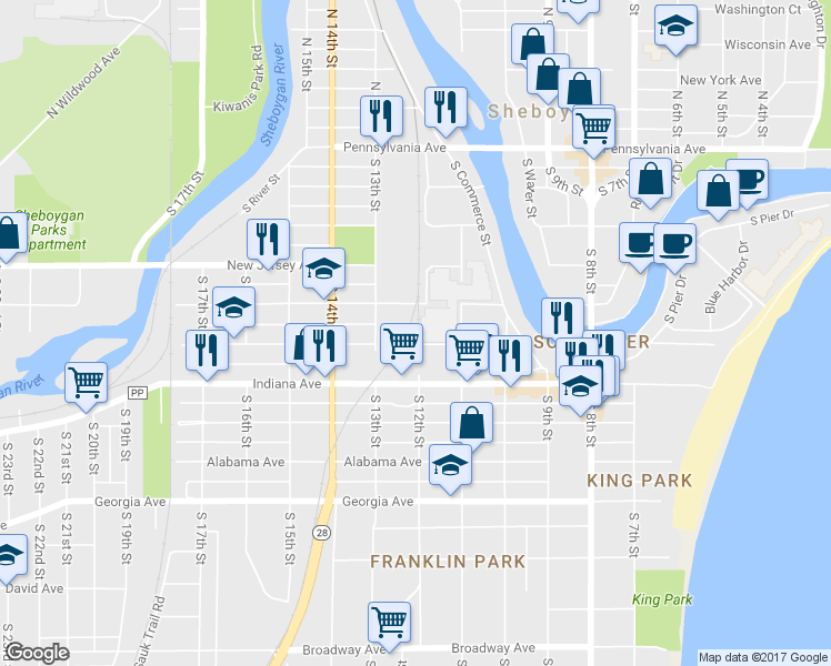 map of restaurants, bars, coffee shops, grocery stores, and more near 1206 Illinois Avenue in Sheboygan