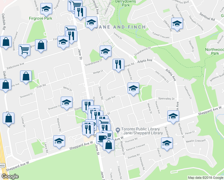 map of restaurants, bars, coffee shops, grocery stores, and more near 33 Arthur Griffith Drive in Toronto
