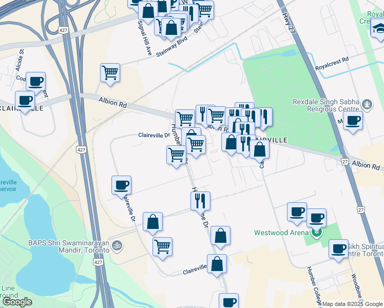 map of restaurants, bars, coffee shops, grocery stores, and more near 397 Humberline Drive in Toronto