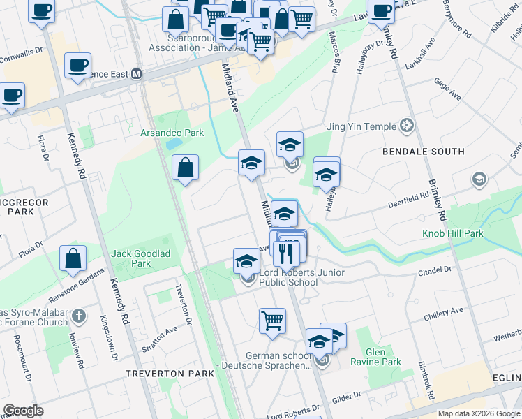 map of restaurants, bars, coffee shops, grocery stores, and more near 1074 Midland Avenue in Toronto