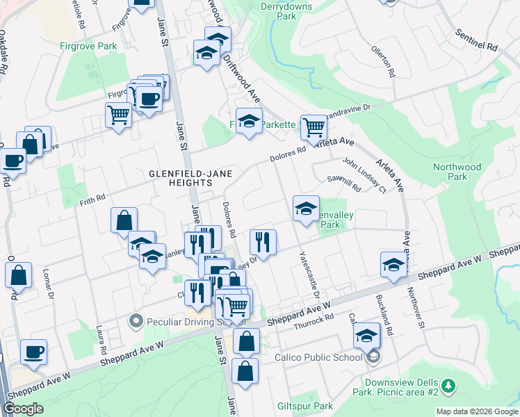 map of restaurants, bars, coffee shops, grocery stores, and more near 33 Arthur Griffith Drive in Toronto