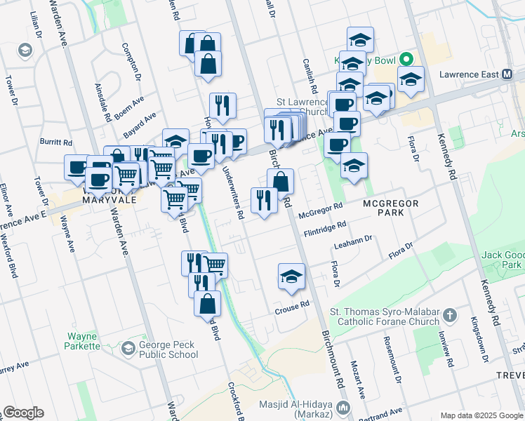 map of restaurants, bars, coffee shops, grocery stores, and more near in Toronto
