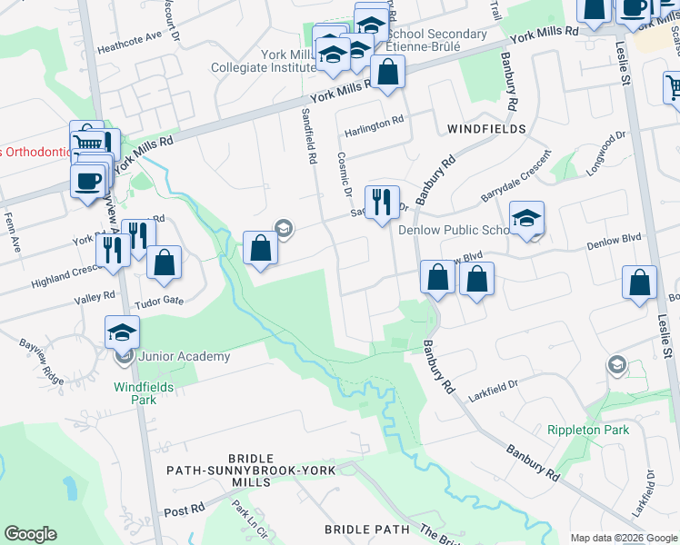 map of restaurants, bars, coffee shops, grocery stores, and more near 3 Nomad Crescent in Toronto