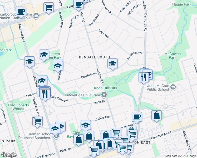 map of restaurants, bars, coffee shops, grocery stores, and more near 658 Brimley Road in Toronto