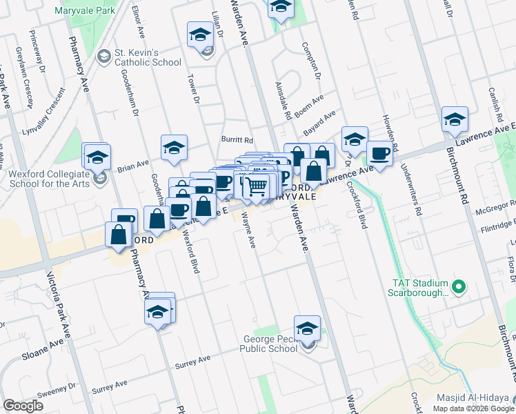map of restaurants, bars, coffee shops, grocery stores, and more near in Toronto