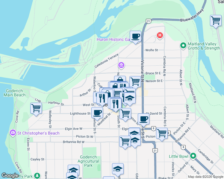 map of restaurants, bars, coffee shops, grocery stores, and more near 46 Church Street in Goderich