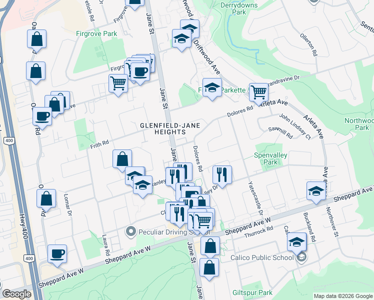 map of restaurants, bars, coffee shops, grocery stores, and more near 45 Rita Drive in Toronto