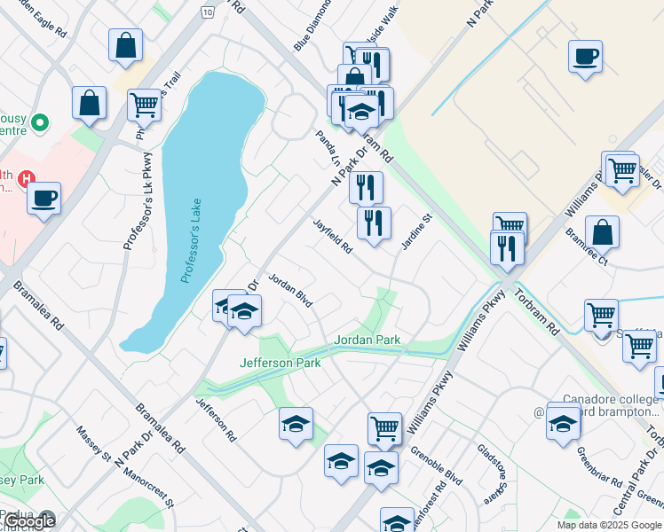 map of restaurants, bars, coffee shops, grocery stores, and more near Judith Crescent in Brampton