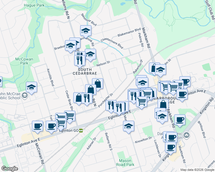 map of restaurants, bars, coffee shops, grocery stores, and more near 15 Farmbrook Road in Toronto