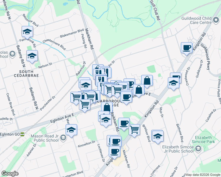 map of restaurants, bars, coffee shops, grocery stores, and more near 215 Markham Road in Toronto