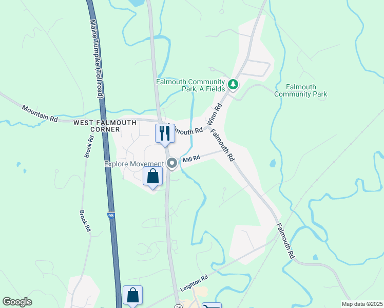 map of restaurants, bars, coffee shops, grocery stores, and more near 17 Mill Road in Falmouth