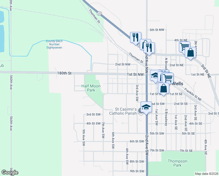 map of restaurants, bars, coffee shops, grocery stores, and more near 65 6th Avenue Southwest in Wells