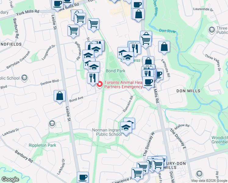 map of restaurants, bars, coffee shops, grocery stores, and more near in Toronto