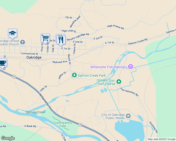 map of restaurants, bars, coffee shops, grocery stores, and more near 48433 Jasper Drive in Oakridge