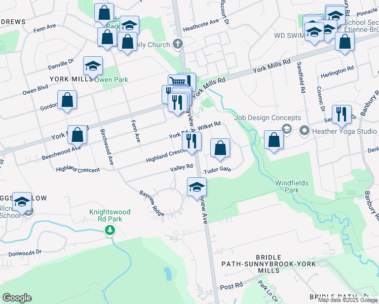 map of restaurants, bars, coffee shops, grocery stores, and more near 155 Highland Crescent in Toronto