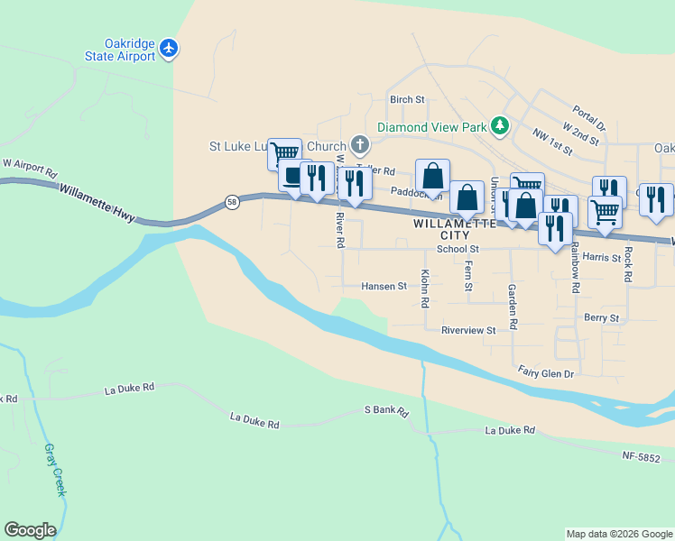map of restaurants, bars, coffee shops, grocery stores, and more near 47541 Hansen Street in Oakridge