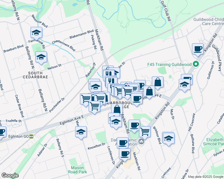 map of restaurants, bars, coffee shops, grocery stores, and more near in Toronto