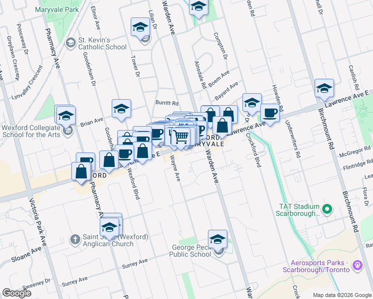 map of restaurants, bars, coffee shops, grocery stores, and more near in Toronto