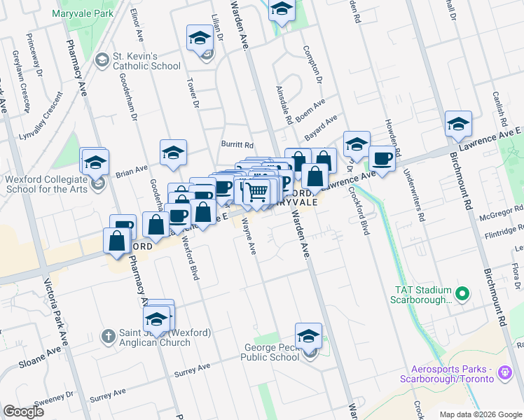 map of restaurants, bars, coffee shops, grocery stores, and more near in Toronto
