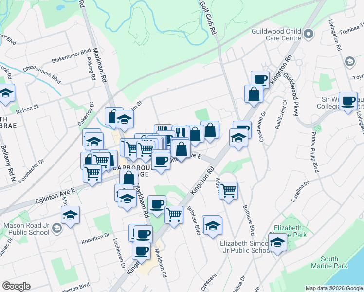 map of restaurants, bars, coffee shops, grocery stores, and more near 3380 Eglinton Avenue East in Toronto