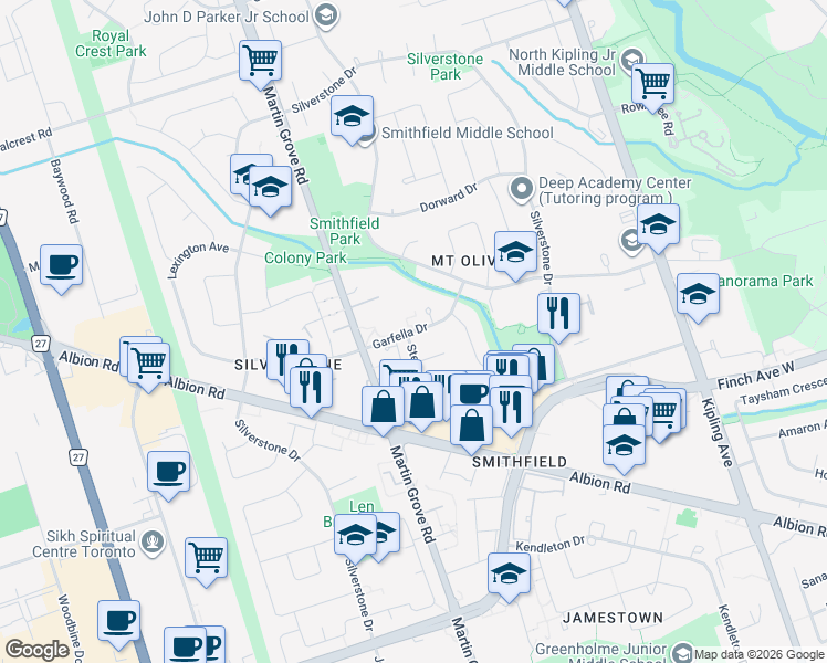 map of restaurants, bars, coffee shops, grocery stores, and more near 10 Garfella Drive in Toronto
