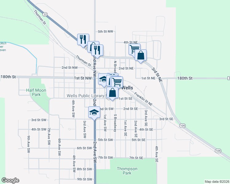 map of restaurants, bars, coffee shops, grocery stores, and more near 36 South Broadway in Wells
