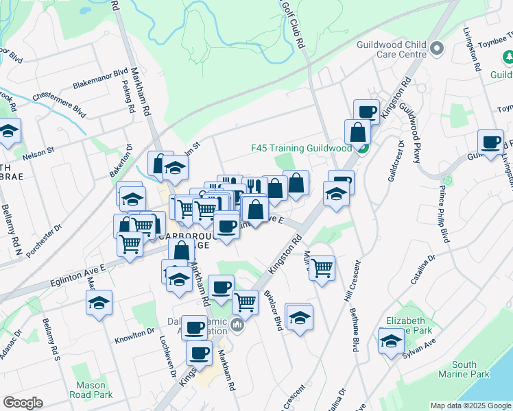 map of restaurants, bars, coffee shops, grocery stores, and more near 3380 Eglinton Avenue East in Toronto