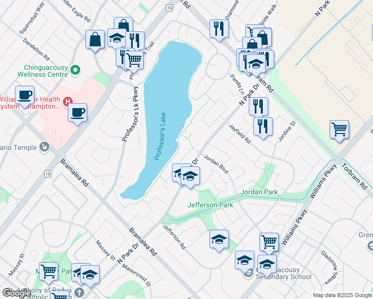map of restaurants, bars, coffee shops, grocery stores, and more near 52 Pennington Place in Brampton