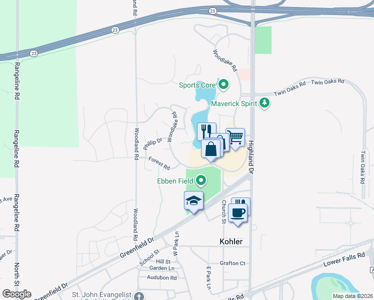 map of restaurants, bars, coffee shops, grocery stores, and more near 705 Woodlake Road in Kohler