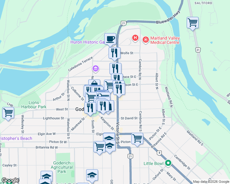 map of restaurants, bars, coffee shops, grocery stores, and more near 80 Hamilton Street in Goderich