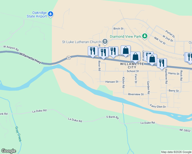 map of restaurants, bars, coffee shops, grocery stores, and more near 76403 Thatcher Lane in Oakridge