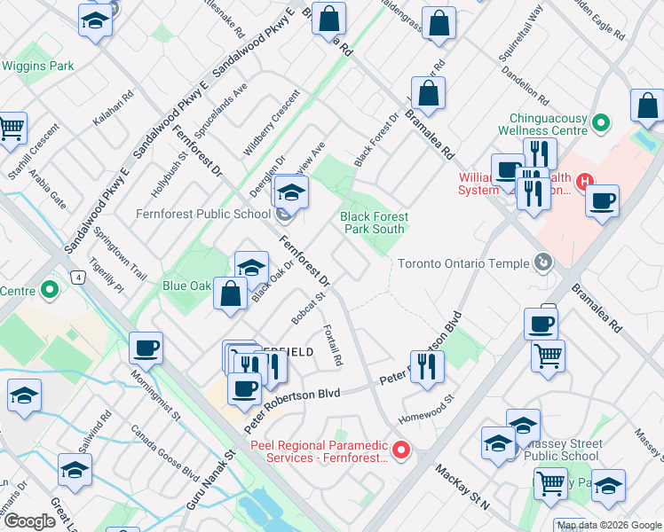 map of restaurants, bars, coffee shops, grocery stores, and more near 17 Hackberry Gate in Brampton