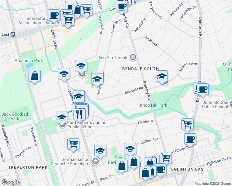 map of restaurants, bars, coffee shops, grocery stores, and more near 38 Deerfield Road in Toronto