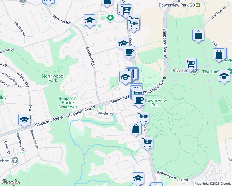 map of restaurants, bars, coffee shops, grocery stores, and more near 1450 Sheppard Avenue West in Toronto