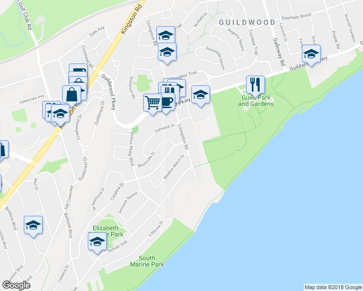 map of restaurants, bars, coffee shops, grocery stores, and more near 253 Catalina Drive in Toronto