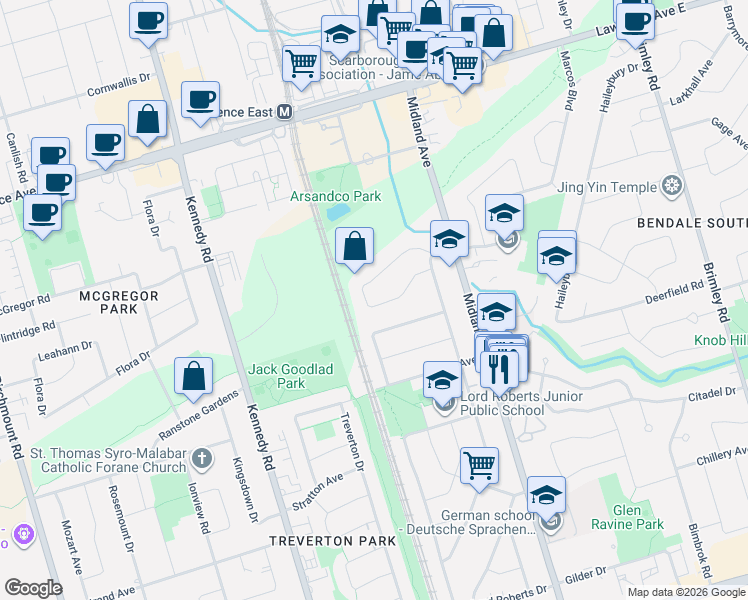 map of restaurants, bars, coffee shops, grocery stores, and more near 31 Romulus Drive in Toronto