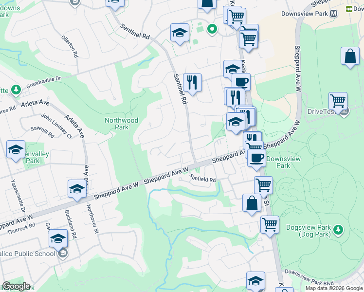 map of restaurants, bars, coffee shops, grocery stores, and more near in Toronto