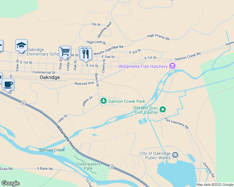 map of restaurants, bars, coffee shops, grocery stores, and more near 48433 Jasper Drive in Oakridge