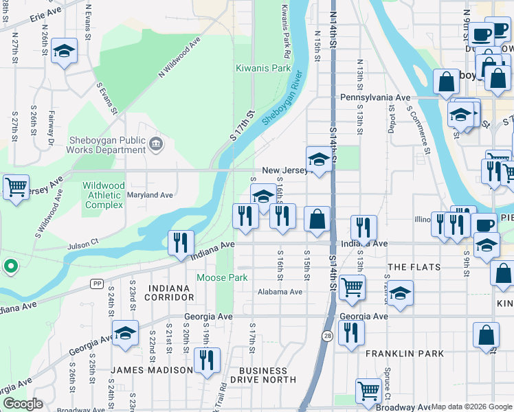 map of restaurants, bars, coffee shops, grocery stores, and more near 1634 Illinois Avenue in Sheboygan
